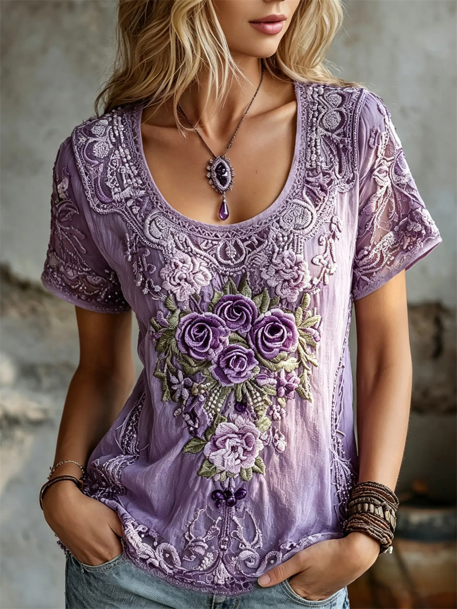 Kvinder Classy lilla roser Blomster kunst Print linned kortærmet T-shirte