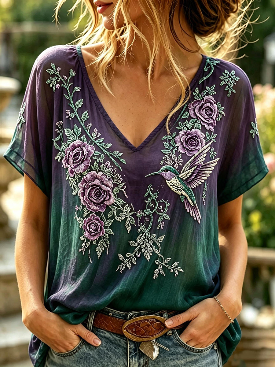 Kvinders Vintage Hummingbird Blomster Print Linen Kortærmet T-shirt