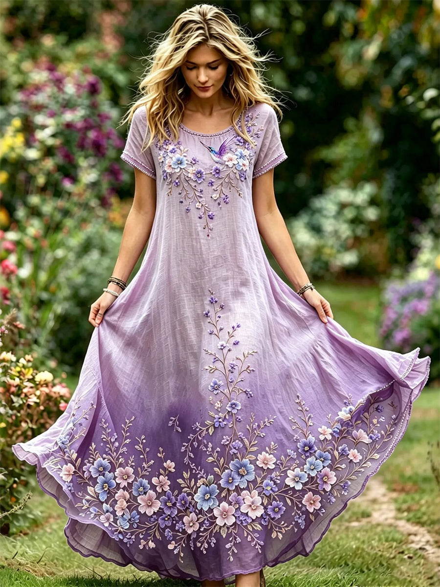 Kvinders klassiske Humming fugl lilla blomsterkunst Print Gradient Flowy Maxi Kjole