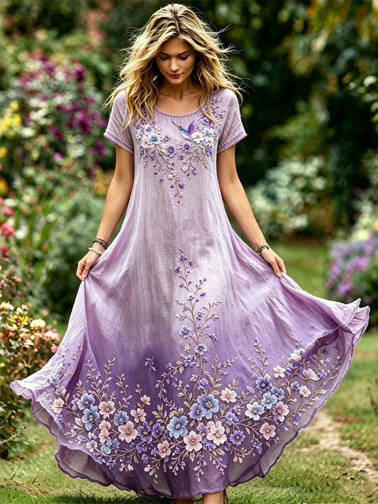 Kvinders klassiske Humming fugl lilla blomsterkunst Print Gradient Flowy Maxi Kjole