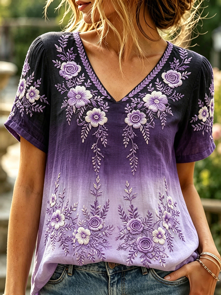 Kvinders Vintage Blomster Print Gradient Linen Kortærmet T-shirt