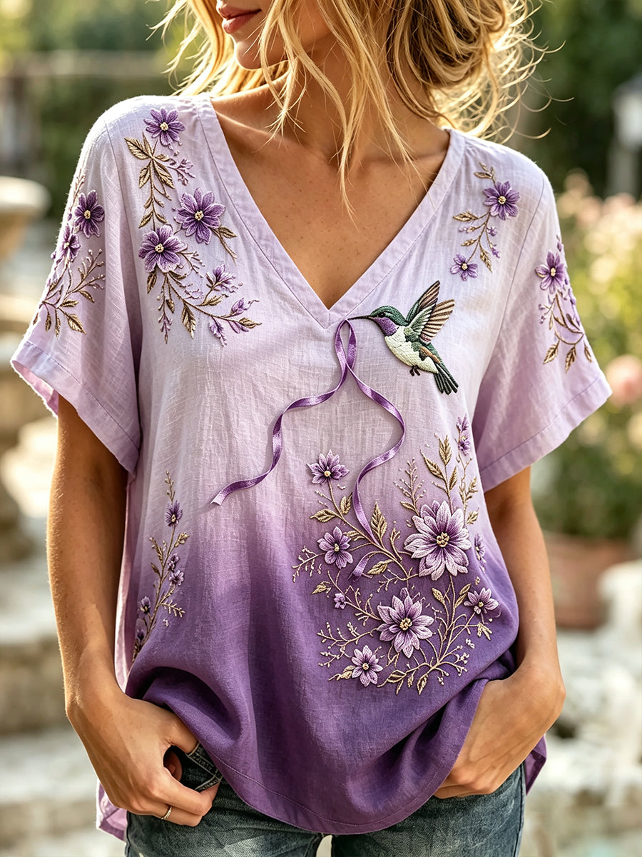 Kvinder Classy Hummingbird Blomster Print Linen Kortærmet T-shirt