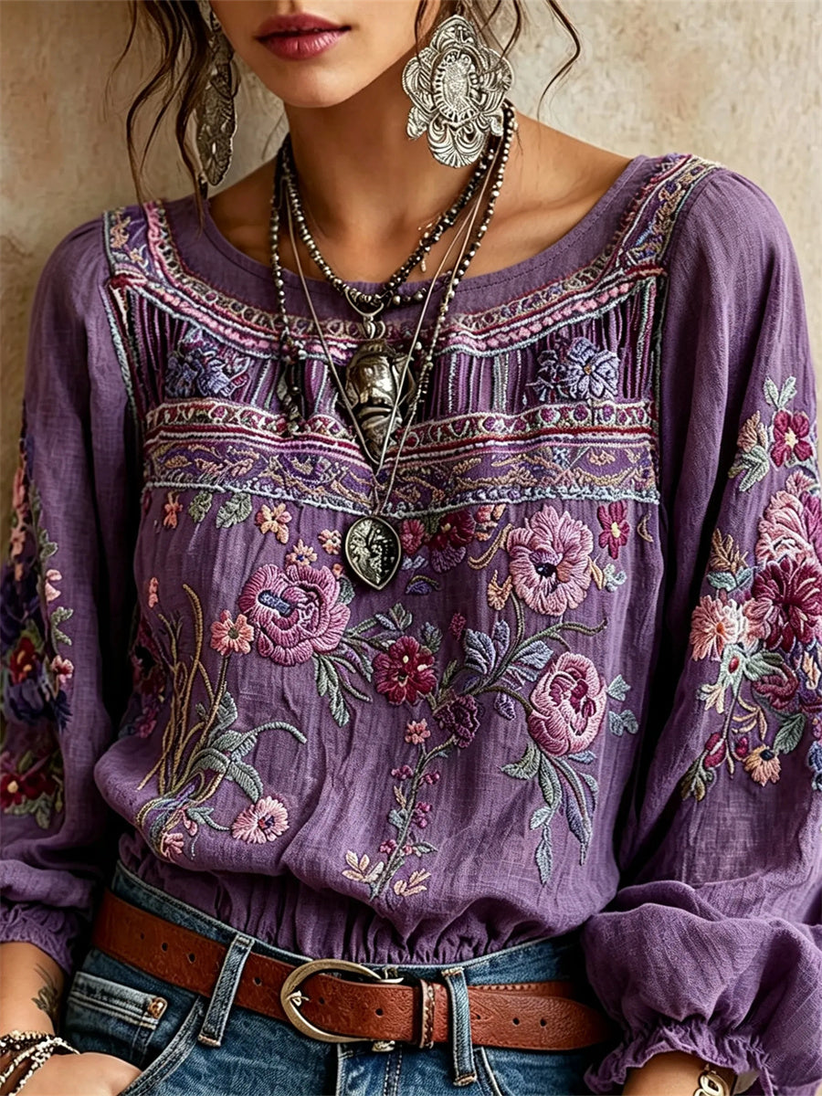 Kvinder Boho lilla blomsterkunst Print bomuld-Linen skjorte
