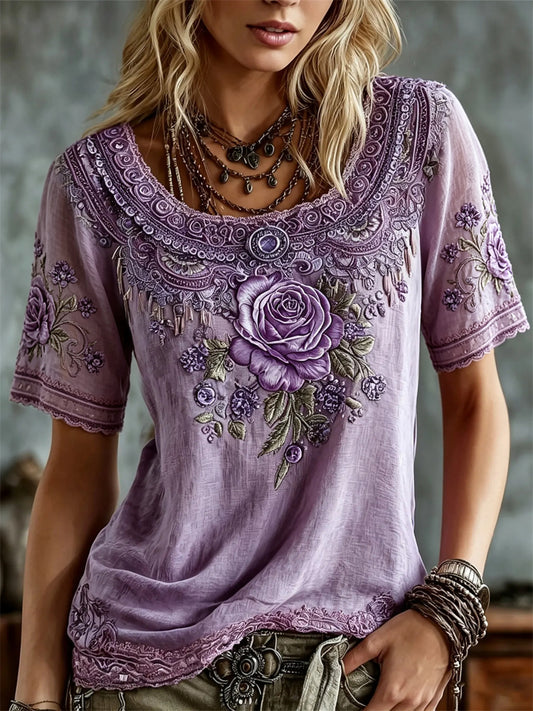 Kvinders elegante lilla roser blomsterblonder kunsttryk linned t-shirt med kort ærme