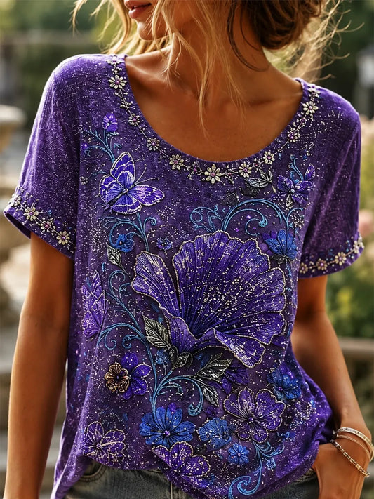 Damens klassiske sommerfugl Blomster Print Linen Kortærmet T-shirt