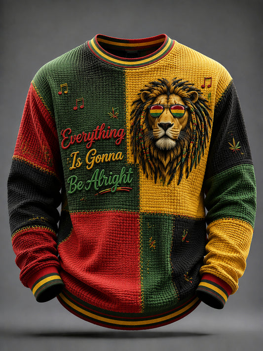 Retro Reggae Musik Lion Waffele-Mønster Patchwork T-shirt