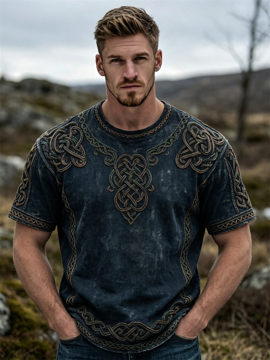 Mænds vintage vikingekeltsnorprint t-shirt med korte ærmer