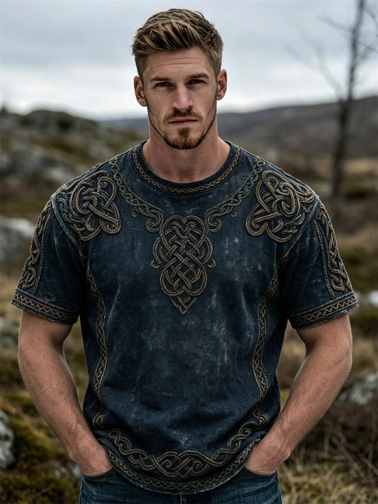 Mænds vintage vikingekeltsnorprint t-shirt med korte ærmer