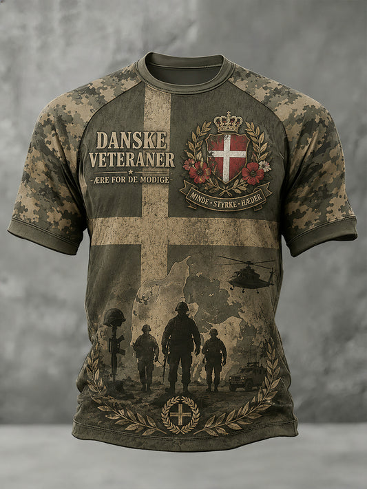 Mænds raglan-T-shirt med korte ærmer og militær camouflageprint