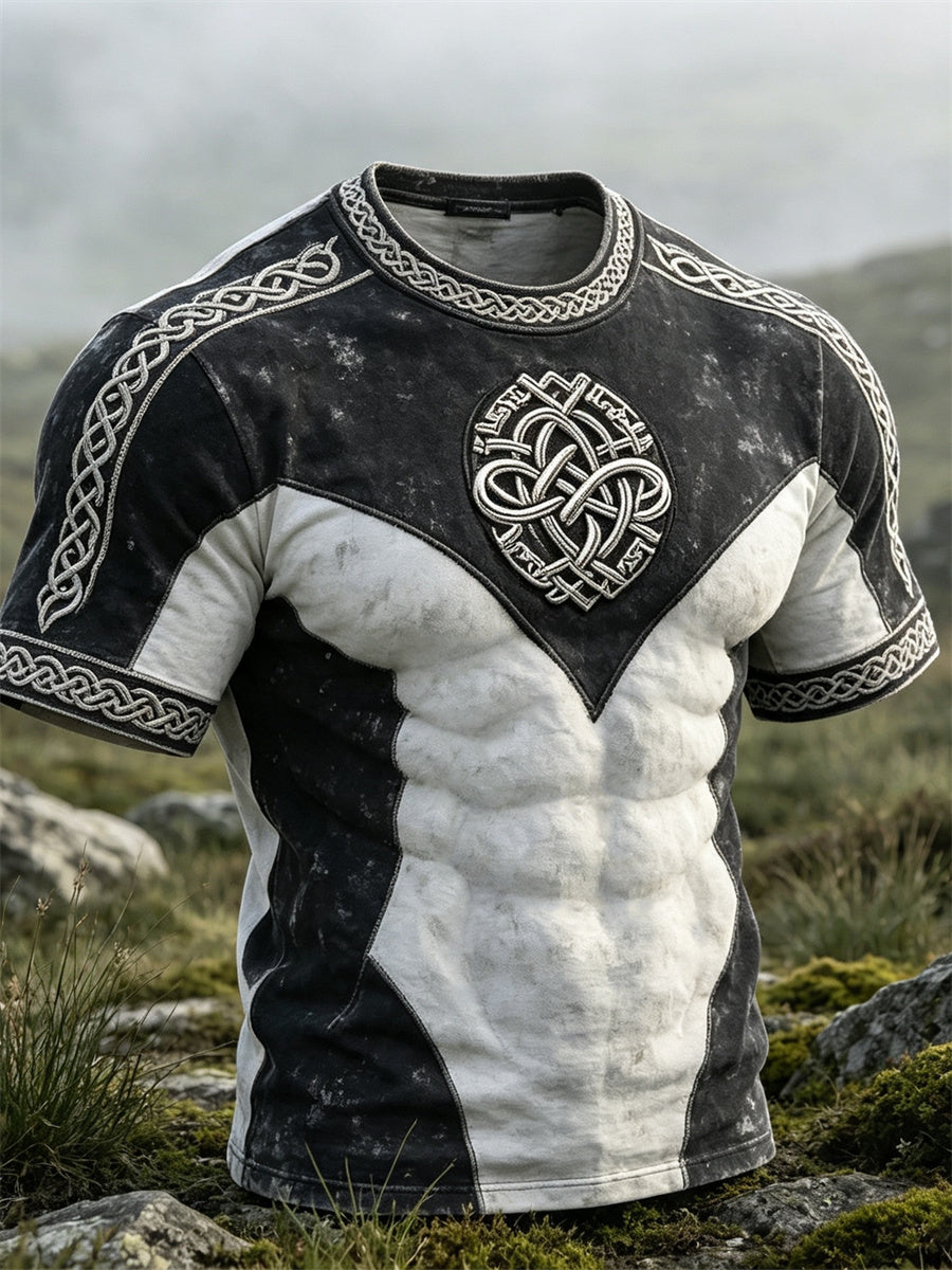 Mænds vikingekeltskørt kontrastfarve print t-shirt med korte ærmer