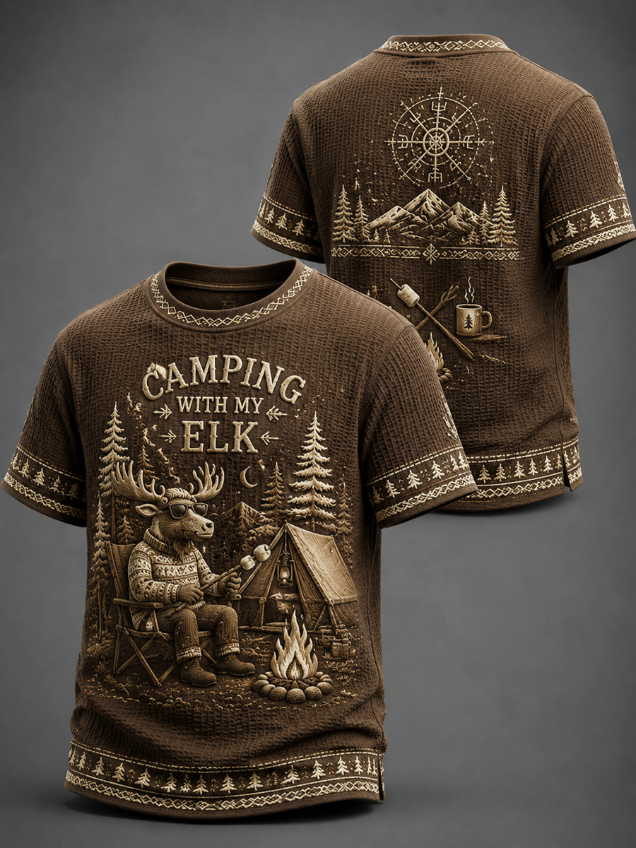 Vintage norsk elg campingavslappet t-skjorte i vaffelstrikk