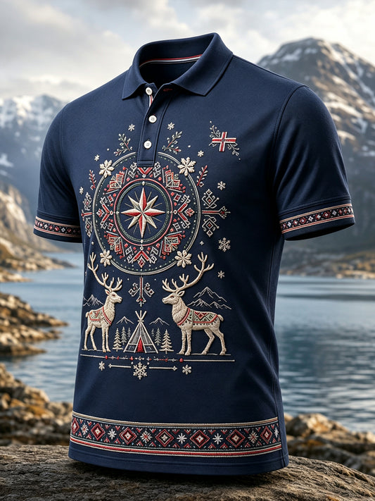 Polo-skjorte med kunsttrykk av mannlige norske samiske kulturelementer