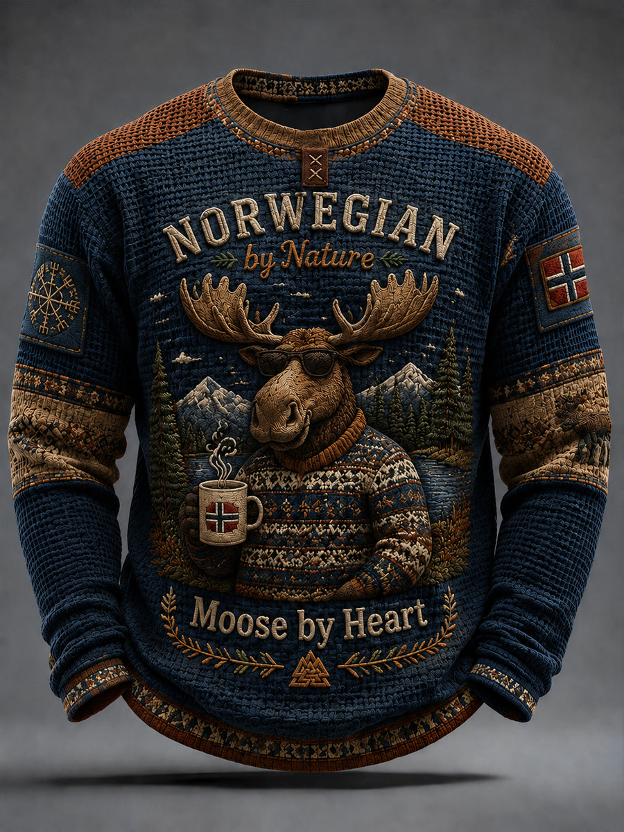 Retro norsk elg-morsom patchwork-vaffelstrikket t-skjorte