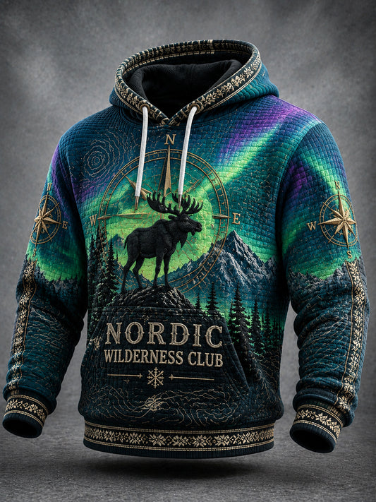 Retro norsk elg villmark nordlys vaffelstrikket hettegenser