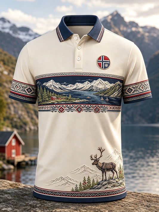 Polo-skjorte med kunsttrykk av mannlige norske samiske kulturelementer