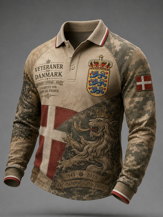 Herrepolo med lange raglanærmer og militært camouflageprint