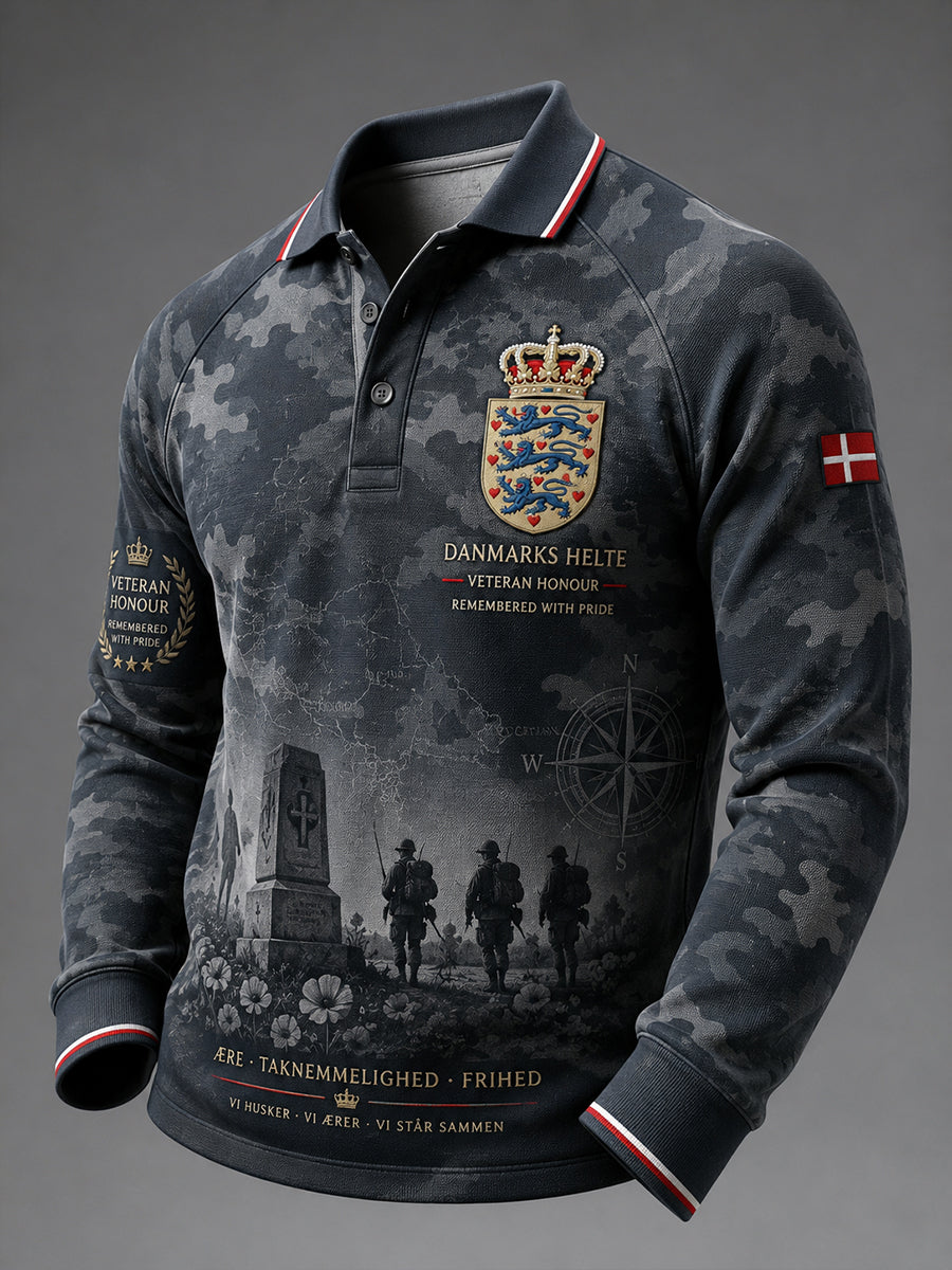 Herrepolo med lange raglanærmer og militært camouflageprint