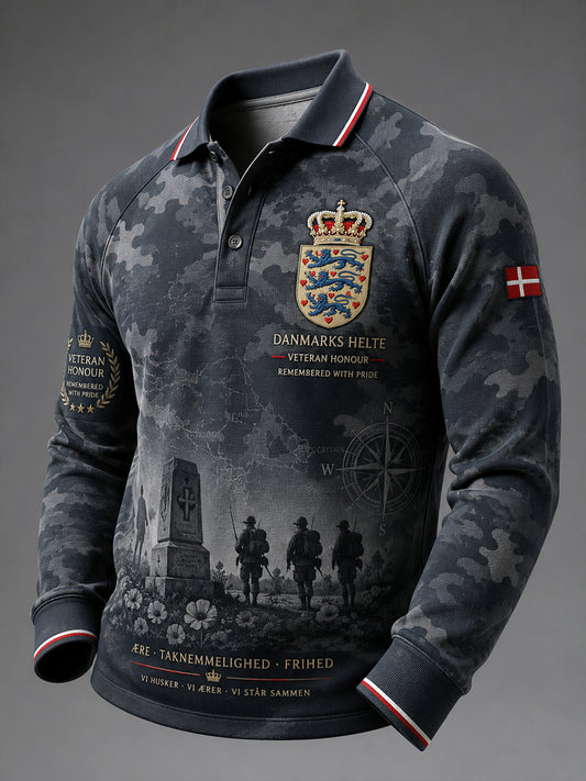 Herrepolo med lange raglanærmer og militært camouflageprint
