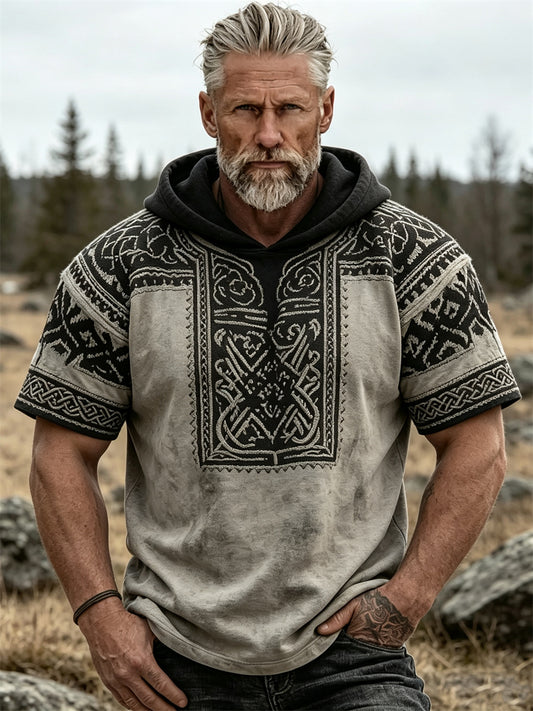 Mænds vintage vikingemønster keltisk knudeprint hættetrøje med korte ærmer
