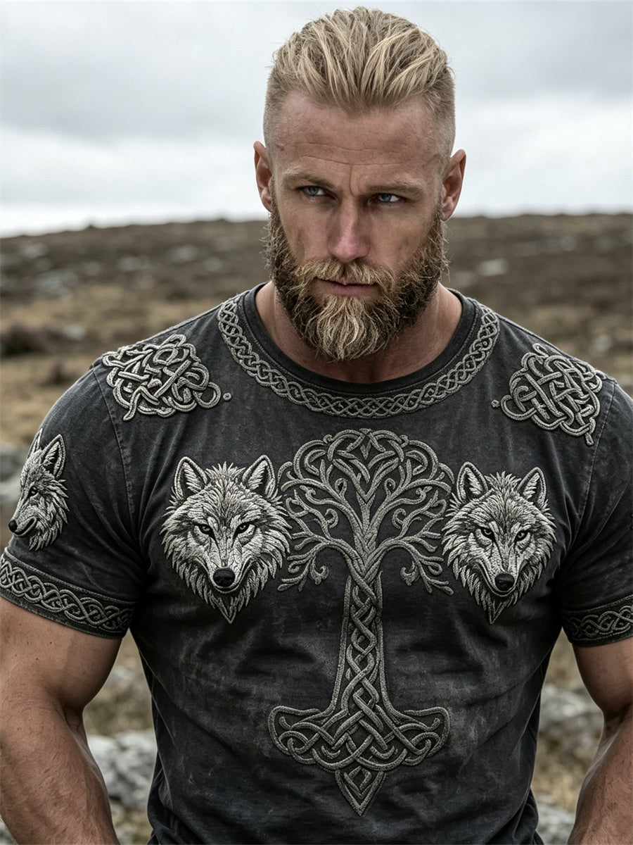 Mænds vintage vikingernes livets træ og ulve keltisk knude print t-shirt med korte ærmer