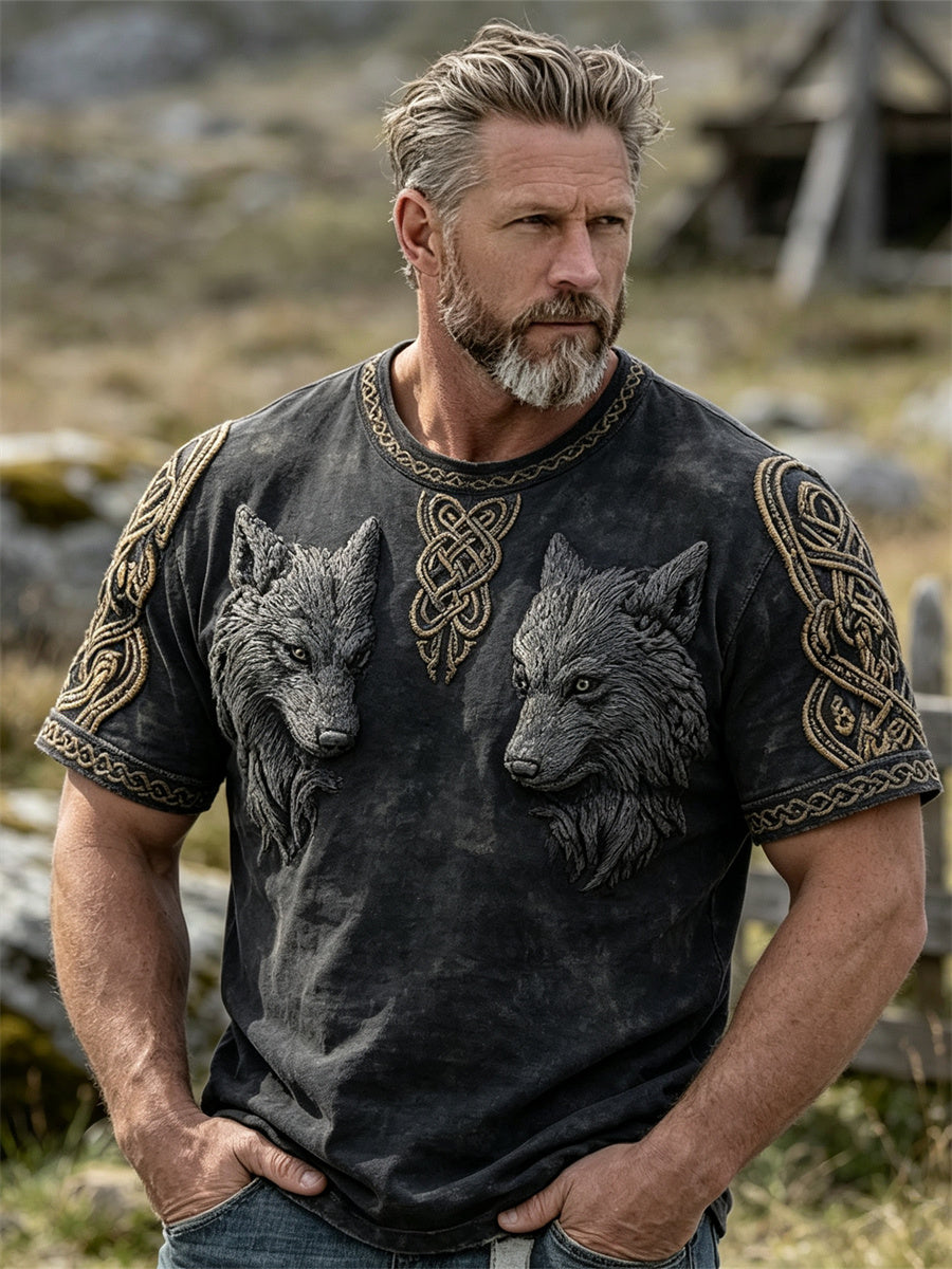 Mænds vintage vikingulve keltisk knudeprint t-shirt med korte ærmer