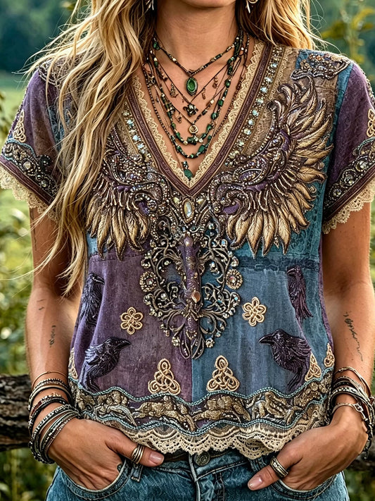 Retro vikingetids kunsttryk afslappet top