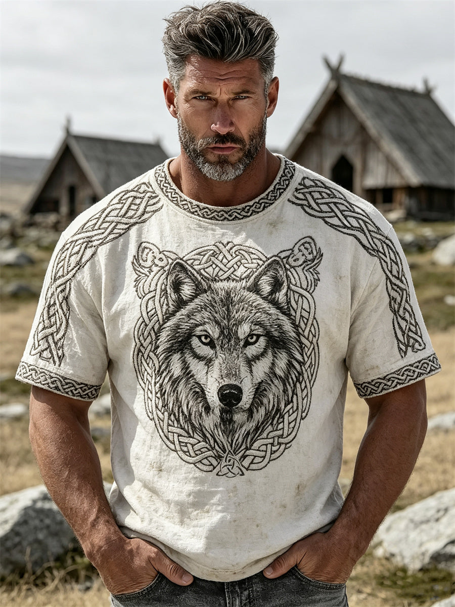 Mænds vintage vikingulv Fenrir keltisk knudeprint t-shirt med korte ærmer