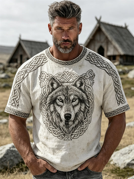 Mænds vintage vikingulv Fenrir keltisk knudeprint t-shirt med korte ærmer