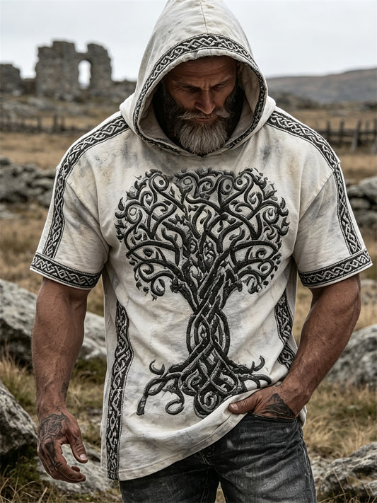 Mænds vintage viking Livets træ keltisk knude print hættetrøje med korte ærmer