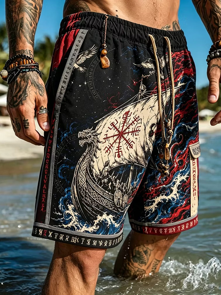Retro vikingetids kunsttryk afslappede shorts