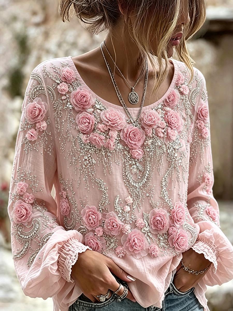 Kvinders klasse Boho lyserød blomsterkunst Print bomuld-Linen skjorte