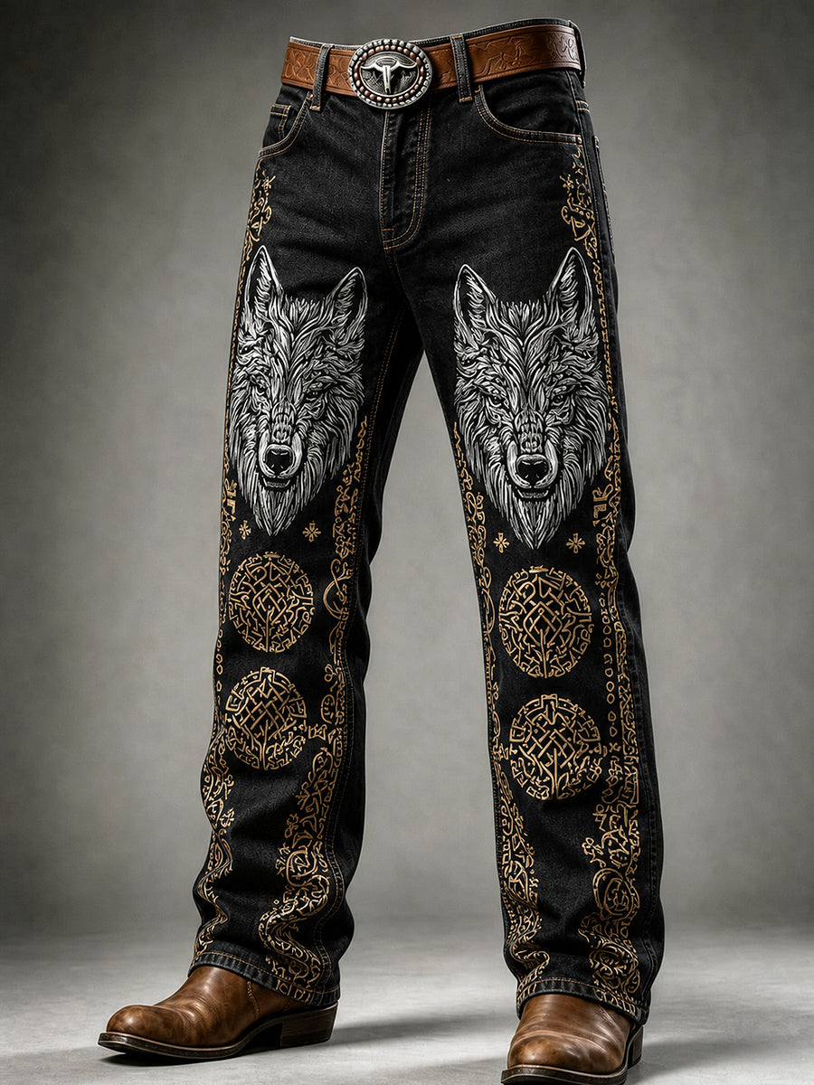 Mænds Retro Viking Wolf Art Print Casual Workwear Bukser