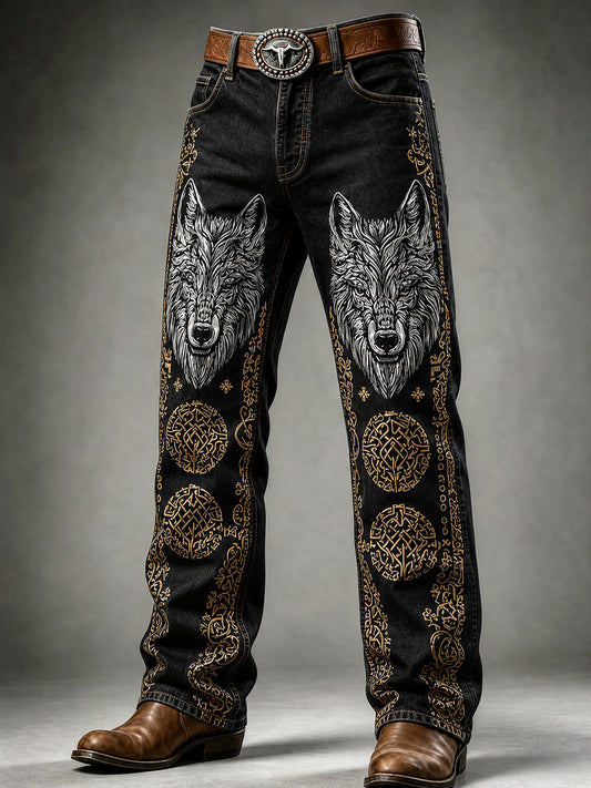 Mænds Retro Viking Wolf Art Print Casual Workwear Bukser