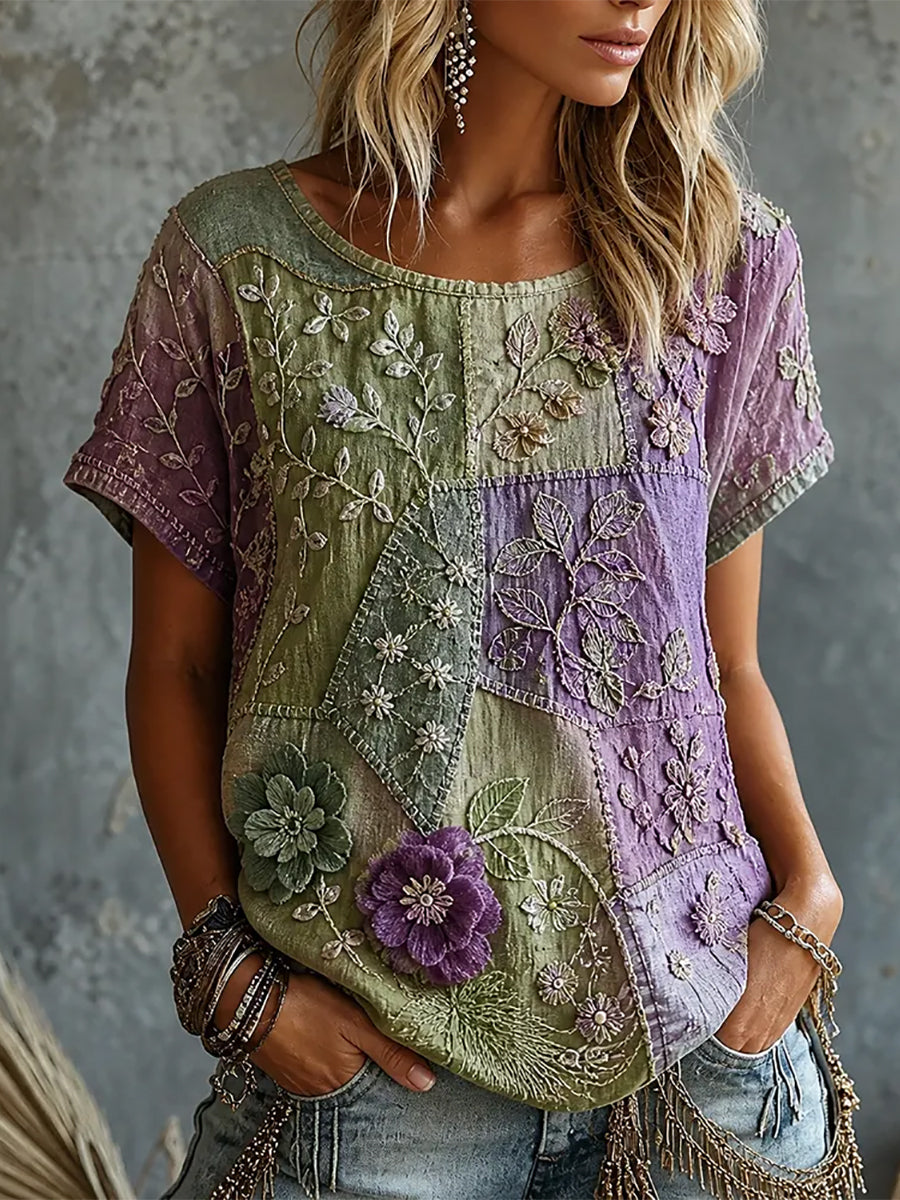 Kvinders Vintage Purple Blomster Patchwork Print Linen Kortærmet T-shirt