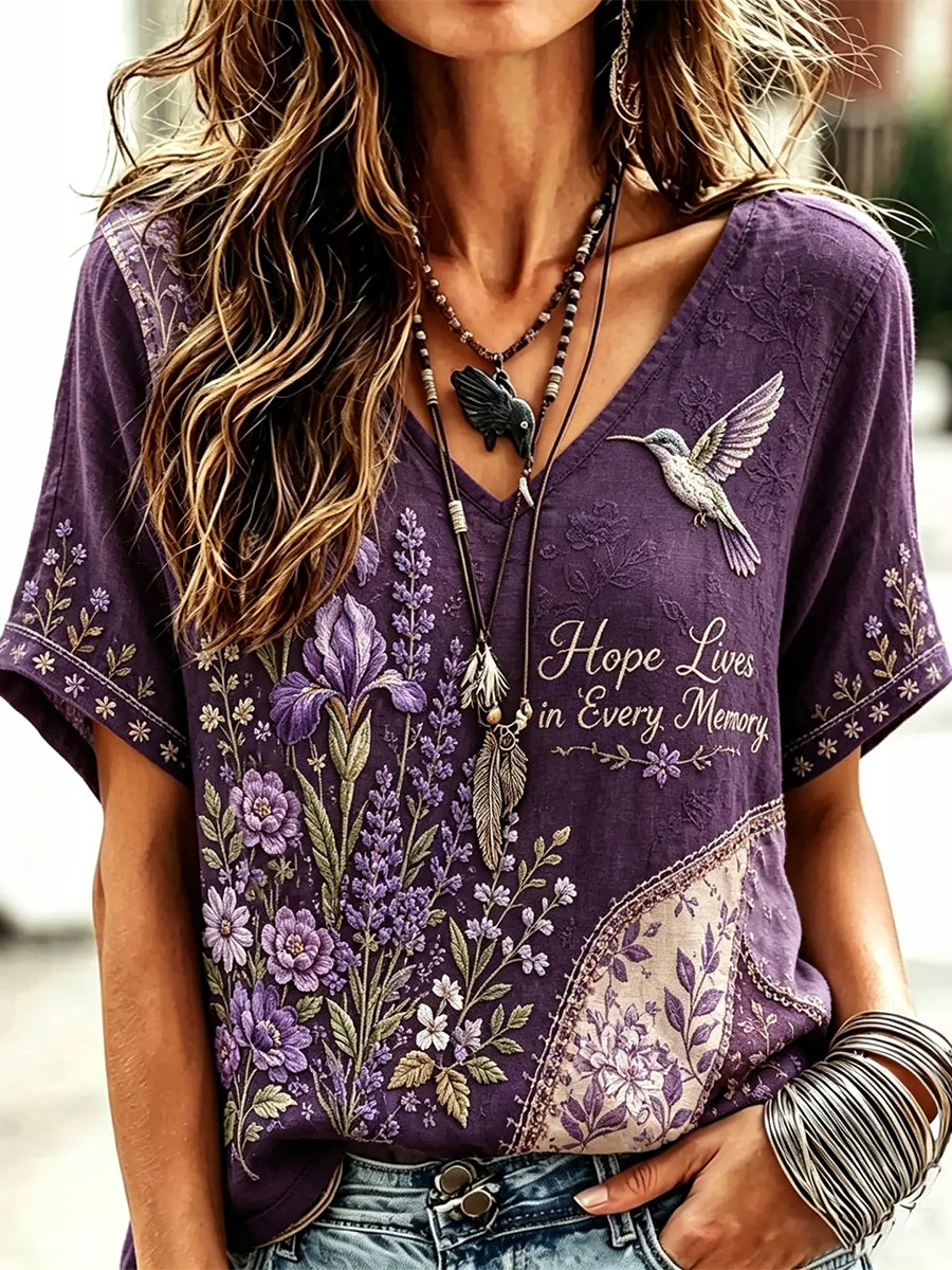 Kvinder Retro Lilla Blomster Hummingbird Print Linen Kortærmet T-shirt