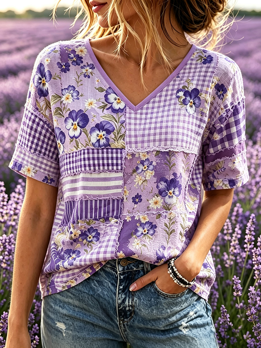 Kvindernes Alzheimers-hjælpepude i patchwork-stil med kunsttryk, linned T-shirt med kort ærme