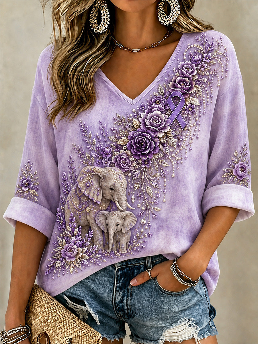 Kvinders lilla blomster & Elefant Print Alzheimers bevidsthed Support V-Neck Tee