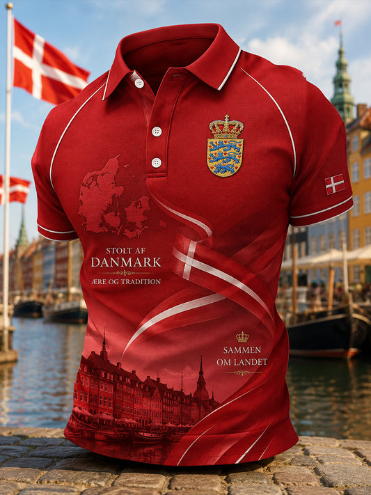 Polo-skjorte til mænd med korte ærmer og patriotisk hyldestprint