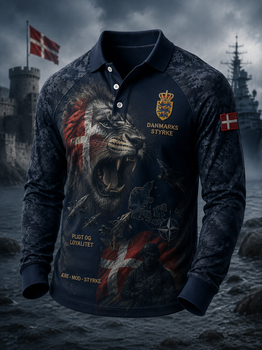 Herrepolo med lange ærmer og vintagemønster i militærstil