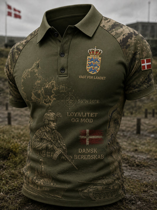 Mænds poloshirt med korte ærmer og vintagemønster i militærstil