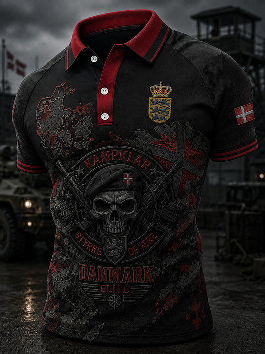 Mænds poloshirt med korte ærmer og vintagemønster i militærstil