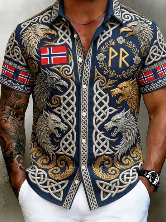 Mænds retro norsk viking skandinavisk kunstprint afslappet skjorte