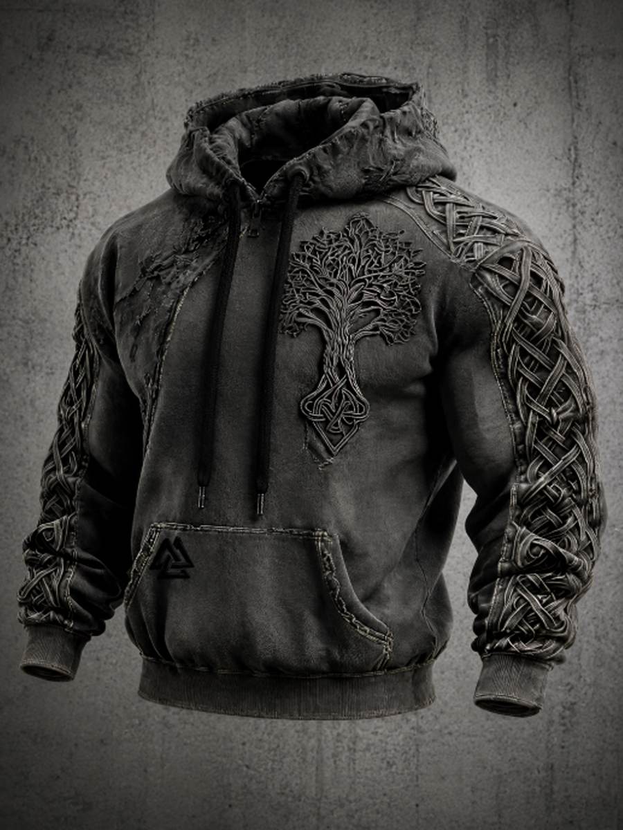 Mænds retro viking Valknut livets træ oversize hættetrøje med nedhængende skuldre