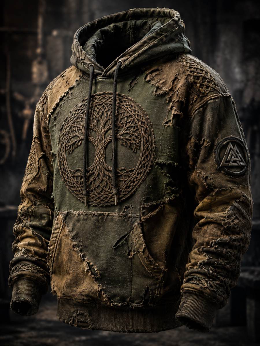 Mænds Retro Viking Valknut træ liv overdimensioneret drop-Shoulder Hoodies