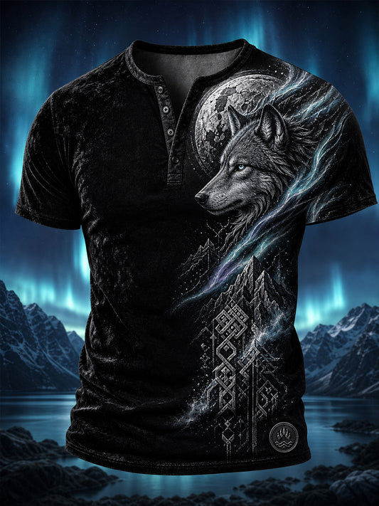 Retro vikingemaleri print afslappet Henley-shirt