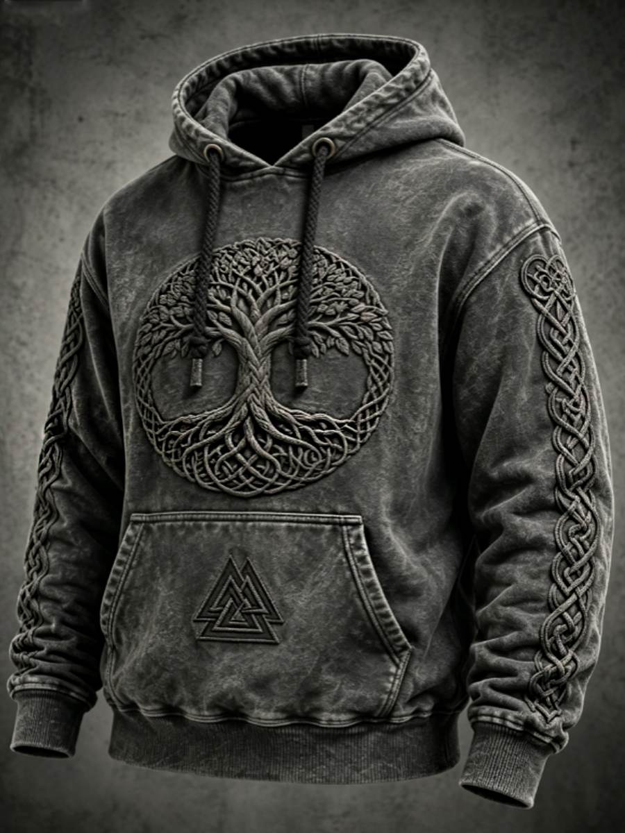 Mænds retro viking Valknut livets træ oversize hættetrøje med nedhængende skuldre