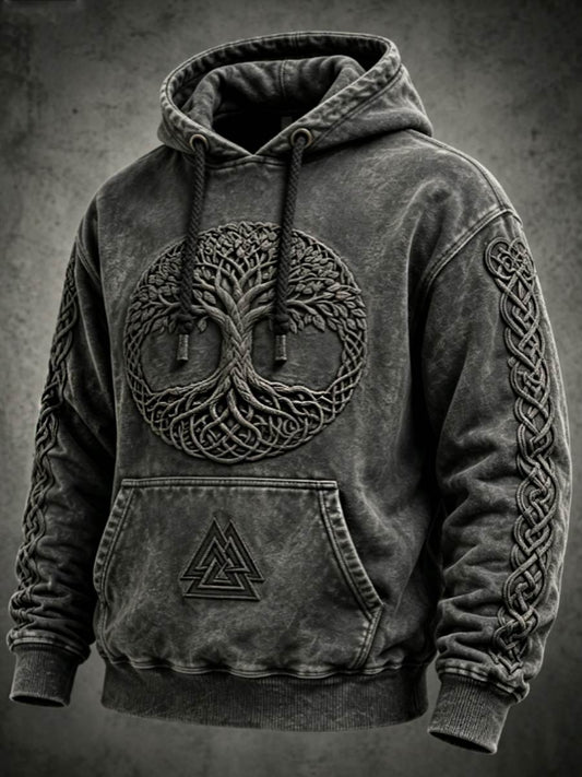 Mænds retro viking Valknut livets træ oversize hættetrøje med nedhængende skuldre