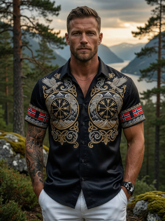 Mænds Retro Norske Viking skandinavisk kunst Print Casual skjorte