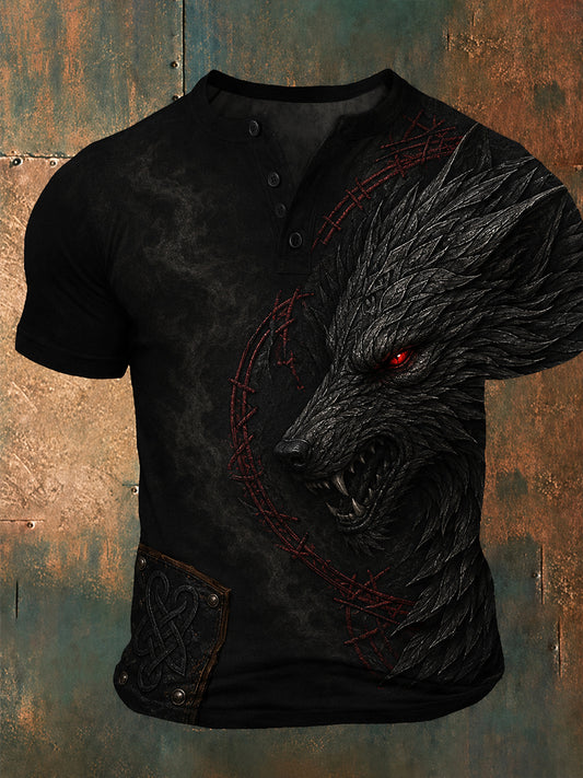 Retro vikingemaleri print afslappet Henley-shirt