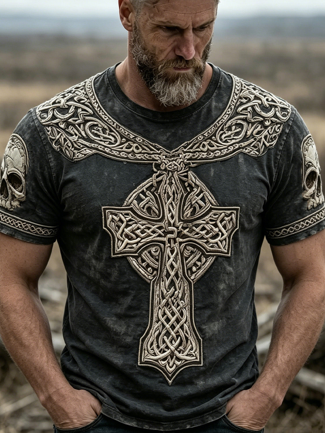 Mænds retro vikingekeltsk knude mønster trykt afslappet t-shirt med korte ærmer